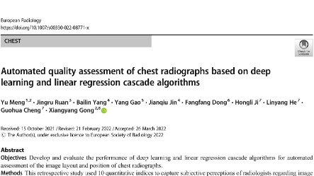 《European Radiology》最新文章：基于深度學(xué)習(xí)和線性回歸級(jí)聯(lián)算法的胸片自動(dòng)質(zhì)量評(píng)價(jià)